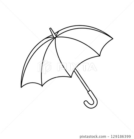 Minimal line art umbrella icon with clean contours, elegant vector outline symbolizing rain, weather, and classic safety accessory 129186399