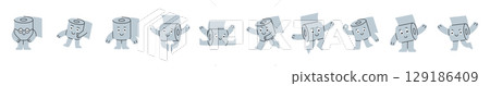 Toilet paper characters. Funny toilet paper mascots with happy smile face in different poses. Various doodle paper rolls sticker pack design. 129186409