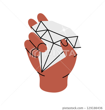 Hand holding a diamond. Spirituality crystal. Magic gem stone, diamond and jewel crystal. Vector illustration. 129186436