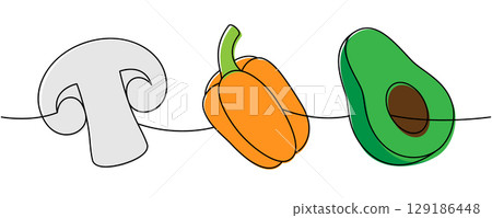 Fresh mushroom, bell pepper, avocado one line colored continuous drawing. Fresh organic vegetables. Vector illustration Fresh mushroom, bell pepper, avocado one line colored continuous drawing. Fresh organic vegetables. Vector illustration 129186448
