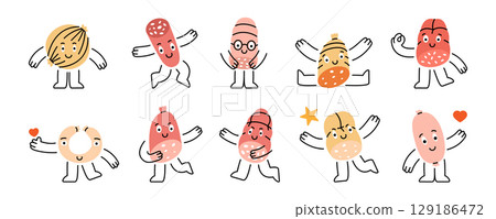 Sausages cartoon characters. Sausages funny mascot with happy smile face, hands and feet. Various doodle sausages sticker pack design. 129186472