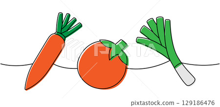 Carrot, tomato, spring onions one line colored continuous drawing. Fresh organic vegetables. Vector illustration 129186476