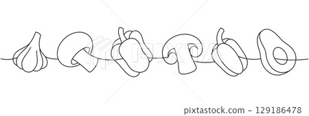 Garlic bulb, mushroom, bell pepper, avocado one line continuous drawing. Fresh organic vegetables. Vector illustration Garlic bulb, mushroom, bell pepper, avocado one line continuous drawing. Fresh organic vegetables. Vector illustration 129186478