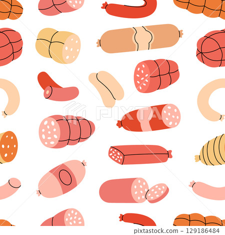 Fresh sausages pattern. Semi-finished products. Butchery menu design template for food market, ecommerce, products promotion. Vector illustration. 129186484