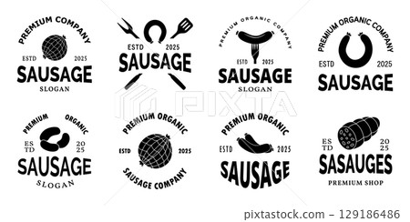Sausages logo set. Semi-finished products logotype for food market, ecommerce, organic products promotion. Vector illustration. 129186486