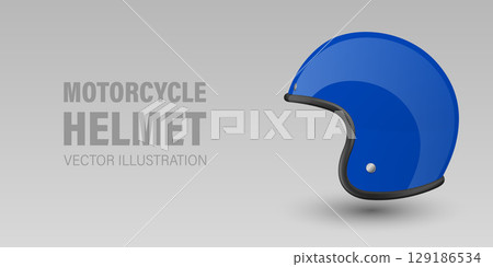 Vector 3D Realistic Blue Classic Vintage Open-Face Motorbike Helmet. Glossy Motorcycle Helmet Design Template for Mockup. Side View. Motorcycle Helmet Icon, Closeup, Isolated 129186534