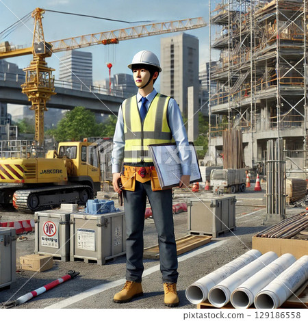Japanese male construction site supervisor working at a construction site Japanese male construction site supervisor working at a construction site 129186558
