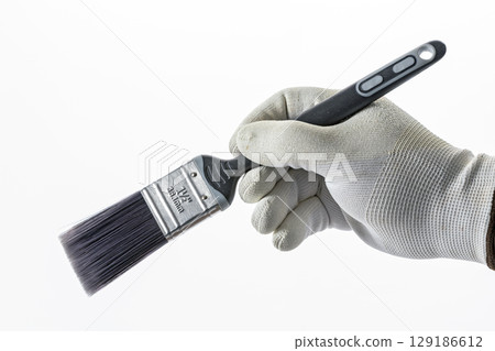 Hand wearing white rubber glove holds black handled paintbrush against white background, showcasing clean and professional appearance Hand wearing white rubber glove holds black handled paintbrush against white background, showcasing clean and professional appearance 129186612