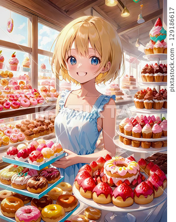 A lively girl selling sweets 129186617