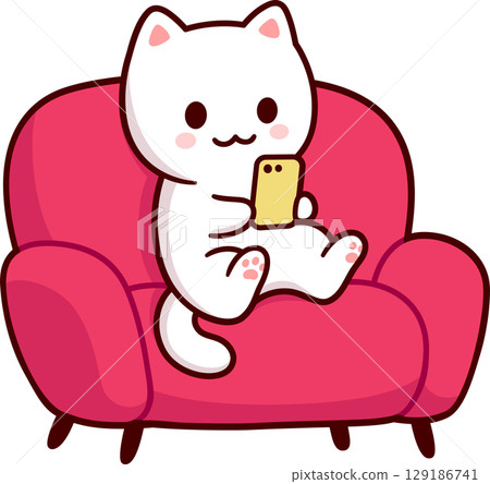 Cat on couch character with phone Cat on couch character with phone 129186741