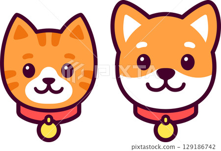 Cute cartoon cat and dog portrait drawing 129186742