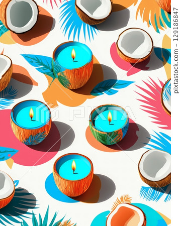 Vibrant colorful pattern coconut candles aerial view blue wax turquoise hues palm leaves scattered white background playful tropical motifs wallpaper packaging Vibrant colorful pattern coconut candles aerial view blue wax turquoise hues palm leaves scattered white background playful tropical motifs wallpaper packaging 129186847