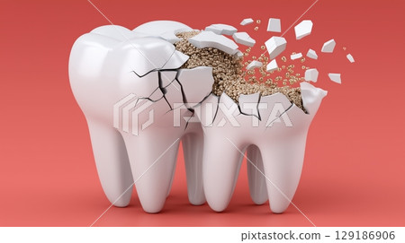 3D illustration of a white tooth breaking apart with cracks and golden particles on a red background 129186906