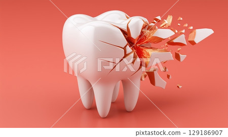 3D illustration of a white tooth breaking apart with sharp cracks and scattered fragments on a red background 129186907