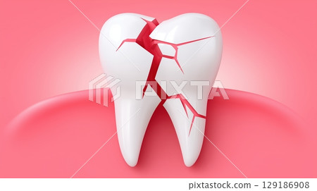 3D illustration of a white tooth with deep red cracks symbolizing damage and dental problems on a pink background 129186908