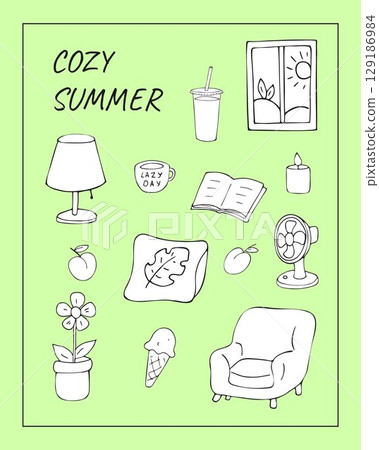 Cute hand drawn cozy summer doodles set with home items drinks ice cream fan book window pillow and chair isolated on green background simple cartoon style illustration Cute hand drawn cozy summer doodles set with home items drinks ice cream fan book window pillow and chair isolated on green background simple cartoon style illustration 129186984
