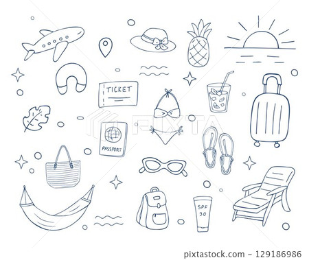 Hand drawn summer travel doodle icons collection with vacation elements airplane beach accessories tropical fruits and luggage isolated on white background vector 129186986