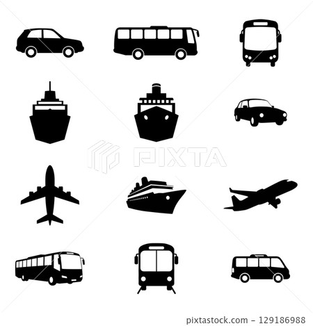 Set of transportation icons car bus cruise ship airplane black silhouette Set of transportation icons car bus cruise ship airplane black silhouette 129186988