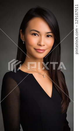 Headshot beautiful Asian woman black dress soft lighting studio photography high resolution fashion portrait gray background subtle smile professional elegant confident 129187011