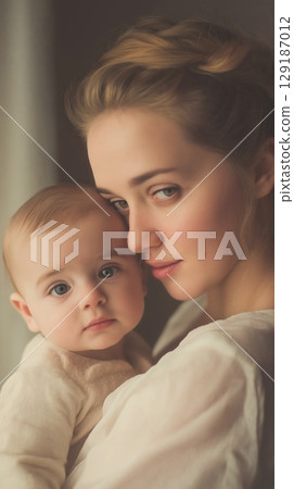 Portrait elegant woman holding baby soft natural light tender bond mother child warm color tones sharp focus studio setting close up photography 129187012