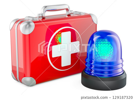 Emergency first aid kit with blue siren. 3D rendering 129187320