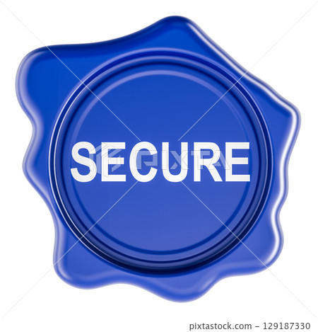 Secure, wax seal. blue glossy stamp with bold text. 3D rendering 129187330