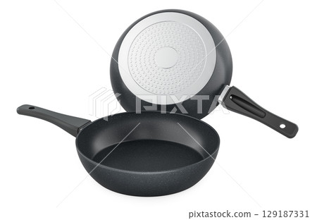 Set of nonstick frying pans set, black skillet with handle, top and bottom view. 3D rendering Set of nonstick frying pans set, black skillet with handle, top and bottom view. 3D rendering 129187331