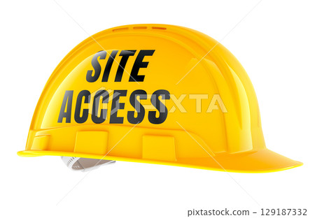 Site Access helmet, yellow construction hard hat with text. 3D rendering Site Access helmet, yellow construction hard hat with text. 3D rendering 129187332