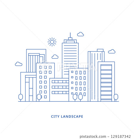 Cityscape line art illustration. Urban landscape in monochrome line art style. Vector illustration 129187342