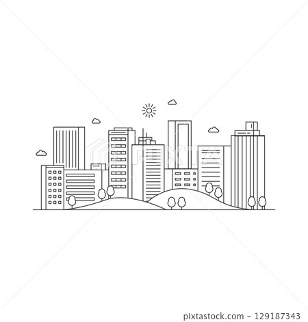 Cityscape line art illustration. Urban landscape in monochrome line art style. Vector illustration 129187343