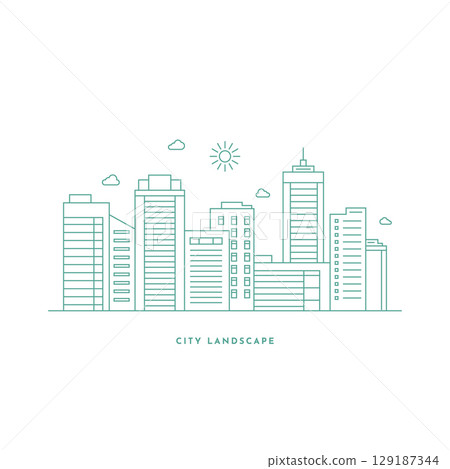 Cityscape line art illustration. Urban landscape in monochrome line art style. Vector illustration 129187344