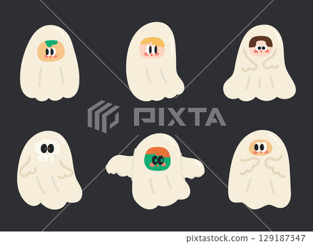 Cute cartoon halloween ghost. Halloween cartoon doodle set. Vector illustration in cartoon style. 129187347