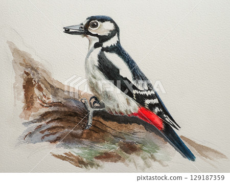 Step-by-step drawing of woodpecker bird with watercolor. Step four of four - background painting. Woodpecker painting in watercolor. Side view of female great spotted woodpecker Step-by-step drawing of woodpecker bird with watercolor. Step four of four - background painting. Woodpecker painting in watercolor. Side view of female great spotted woodpecker 129187359