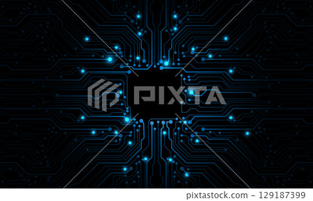 Abstract blue circuit board technology connected lines electronics elements computer motherboard chip processor semiconductor digital on black background vector 129187399