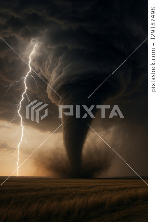 A powerful photo of a natural disaster where lightning strikes and a massive tornado strike at the same time 129187498