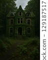 An abandoned Western-style mansion covered in ivy in a mysterious forest 129187517