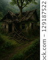 Abandoned wooden house eroded by nature and a large tree breaking through the roof 129187522