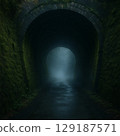 A luxurious hall in an abandoned hotel and a figure in the fog. Horror, ghost, ruins photo. 129187571