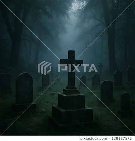 A cemetery and a gravestone cross in a foggy forest. Horror, haunted, spooky landscape photography. 129187572