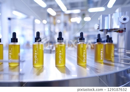 Clear cosmetic serum bottles moving on factory conveyor belt, skincare production line with dropper packaging 129187632
