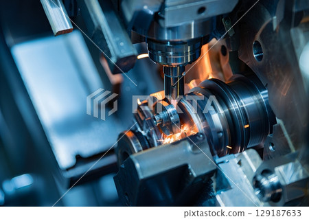 CNC milling machine cutting metal part with precision, industrial manufacturing process with sparks flying 129187633