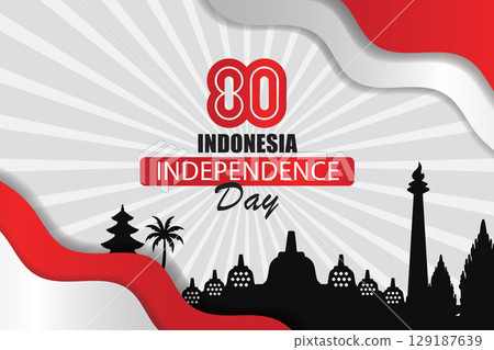 Indonesia Independence Day Banner with Monas and Temples silhouette. 129187639