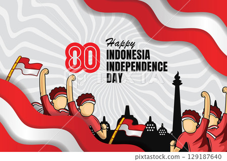 80th Indonesian Independence Day Banner with Wavy Flags and Temple illustration. 80th Indonesian Independence Day Banner with Wavy Flags and Temple illustration. 129187640