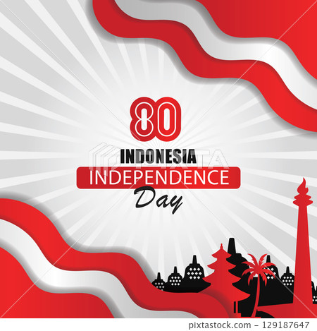 Indonesia Independence Day Design with Wavy Flags and Borobudur Silhouette Background Indonesia Independence Day Design with Wavy Flags and Borobudur Silhouette Background 129187647