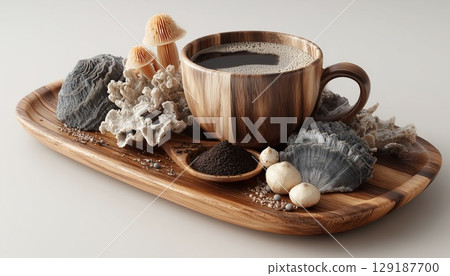 A warm, aromatic brew nestled among fungi and fine powders 129187700