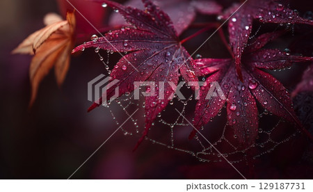 Red leaves and a spiderweb with dewdrops 129187731