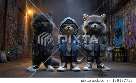 Three street animals are hooligans in a brick alley Three street animals are hooligans in a brick alley 129187732