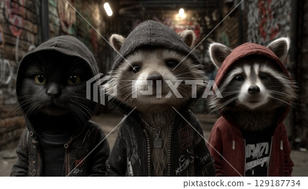 Three alleyway critters cause playful trouble in a shadowy urban passage Three alleyway critters cause playful trouble in a shadowy urban passage 129187734