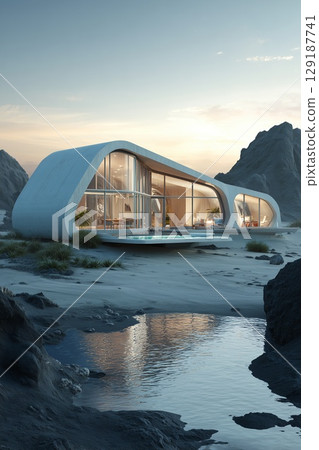 Modern futuristic house in a desert landscape 129187741
