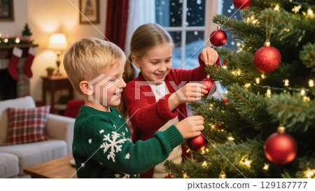 Smiling boy and girl decorating Christmas tree with red ornaments in cozy living room with warm holiday lights 129187777